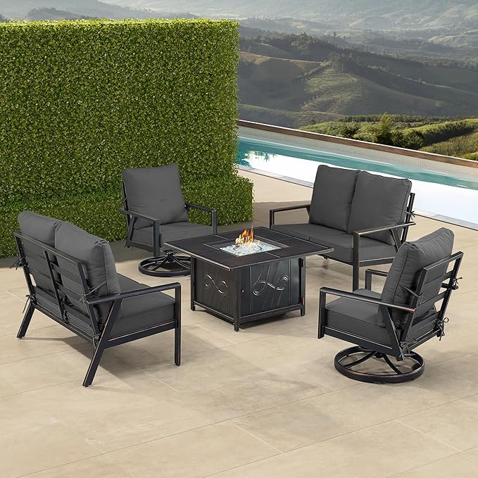 Oakland Living Black Aluminum Patio Fire Table Set with Two Deep Seating Loveseat with Cushions and Two Club Chairs with Black Cushions