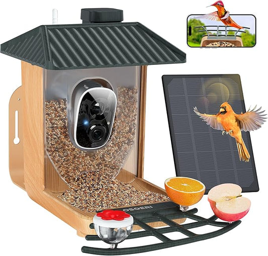 Osoeri Bird Feeder with Camera, Smart AI Identify Wild Bird Feeder Camera Solar Powered, Auto Capture Videos & Motion Detection, DIY Add-ons & Hummingbird Feeder, Ideal Gift for Bird Lover