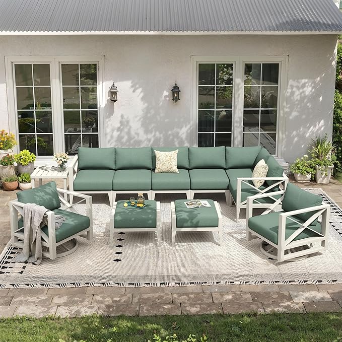 Aluminum Patio Furniture Set,8-Seats Patio Sectional Conversation Sofa with 6" All-Weather Cushions and 2 Swivel Rocking Chairs & 2 Ottomans,Outdoor Furniture Set(White)