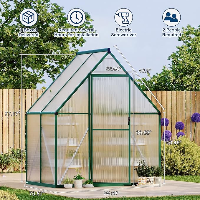 Polycarbonate Greenhouse for Outdoors, Large Walk-InGreenhouse with Quick Setup Structure and Roof Vent, Greenhouse with Ventilation
