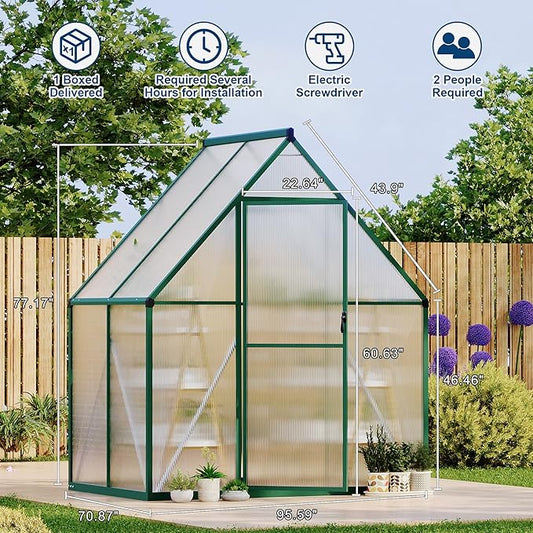 Polycarbonate Greenhouse for Outdoors, Large Walk-InGreenhouse with Quick Setup Structure and Roof Vent, Greenhouse with Ventilation
