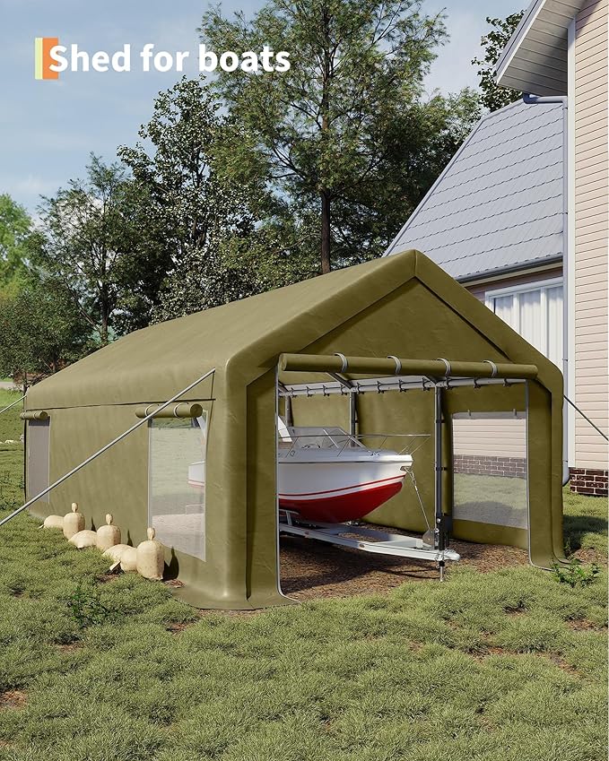 13x25 FT Carport,Heavy-Duty Carport with 4 Roll-Up Windows & Doors, Portable Garage 200g PE Tarp, Waterproof & UV Protected Outdoor Shelter for Car, Boat, Truck, Motorcycle