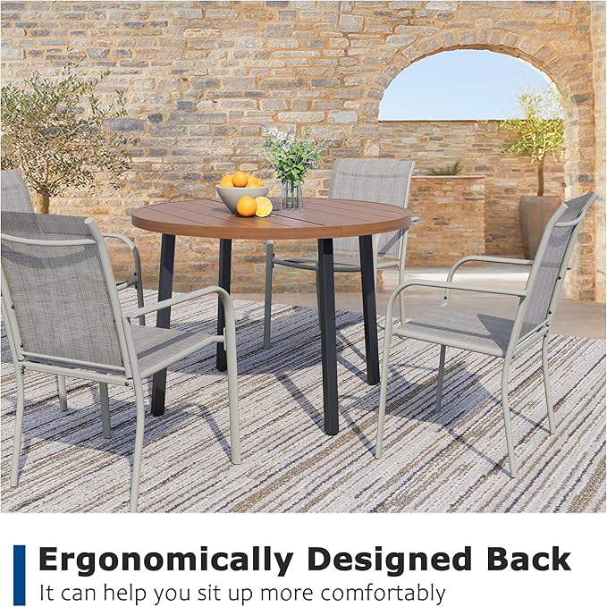 5 Pieces Patio Dining Set for 4, Grey Patio Stackable Chairs and Walnut Round Table Set of 4, Outdoor Furniture Set with Sling Support for Outside, Garden