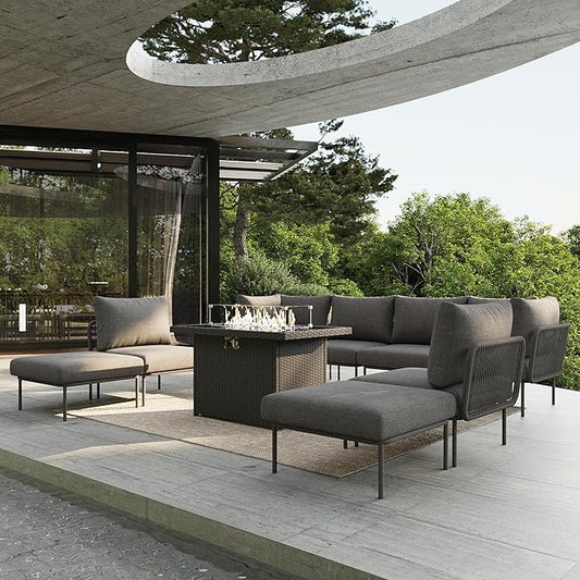 9 Piece Modern Outdoor Rope Wicker Sectional Patio L-Shaped Conversation Sofa Set Deep Seating with Fire Pit Table