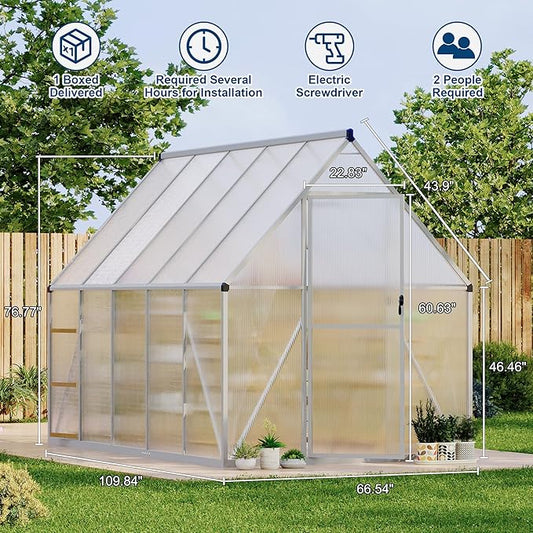 Polycarbonate Greenhouse for Outdoors, Large Walk-InGreenhouse with Quick Setup Structure and Roof Vent, Greenhouse with Ventilation