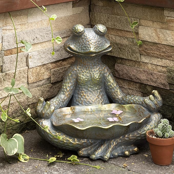 Glitzhome Meditating Yoga Frog Outdoor Statue Garden Sculpture Decor with Birdbath, 14.25" H, Bronze