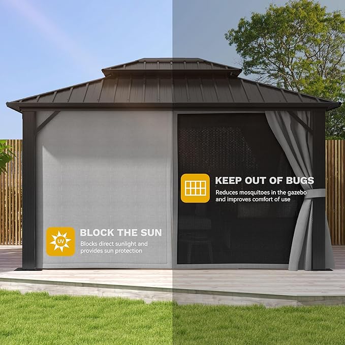 DWVO 10x12ft Gazebo Double Roof Hardtop with Nettings and Curtains, Heavy Duty Galvanized Steel Outdoor Vertical Stripes Roof for Patio, Backyard, Deck, Lawns, Grey