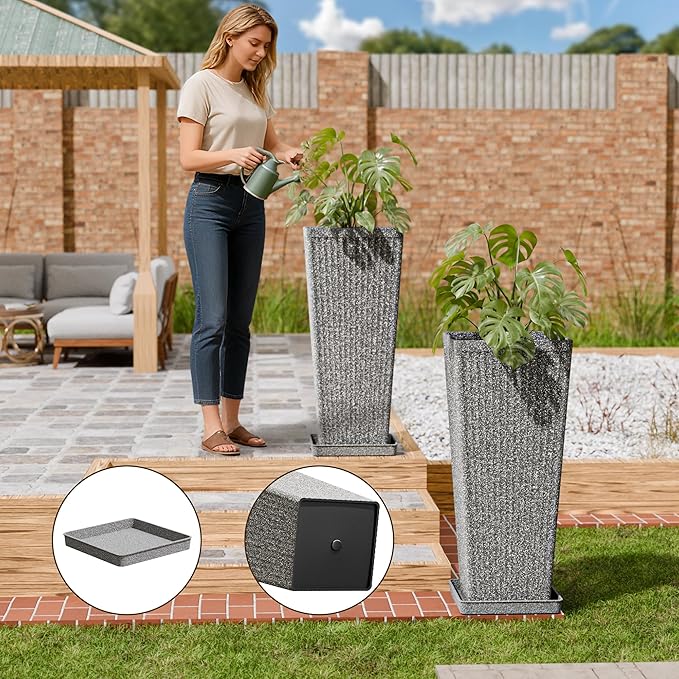 Tapered Tall Planters for Outdoor Plants 2 Pack- 23.6 Inch Heavy-Duty Classic Square Indoor Flower Pots with Drainage Holes/Partition/Tray, Large Outdoor Planters for Porch Patio, Gray