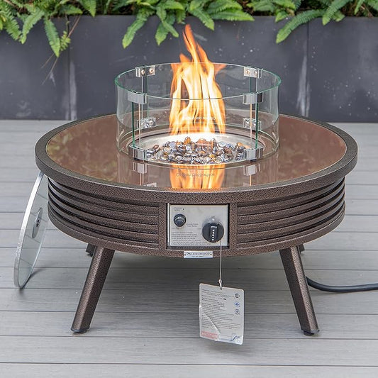 LeisureMod Walbrooke Modern Outdoor Round Fire Pit Table with Powder-Coated Aluminum Frame and Slats Design for Patio and Backyard Garden, Brown
