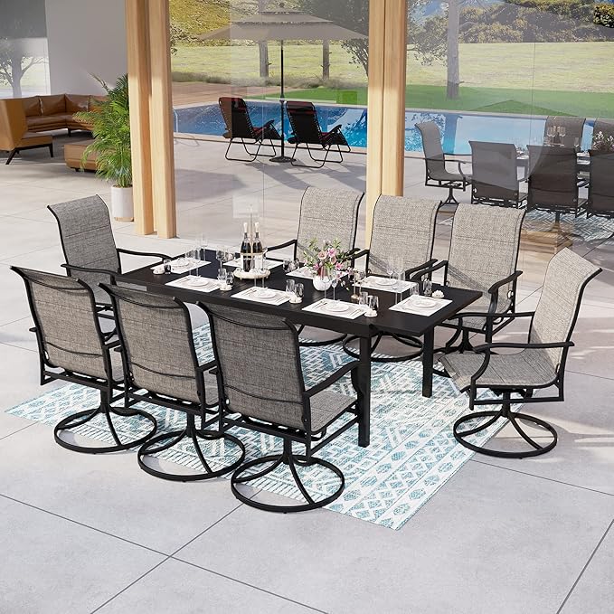 MFSTUDIO Outdoor Dining Expandable Table,Adjustable Outdoor Inclined Leg Rectangle Table for 6-8 Person Lawn,Garden,Black Metal Frame