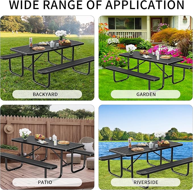 HIMcup 4 FT Metal Picnic Tables for Outside, Outdoor Coated Steel Heavy Duty Commercial Picnic Table with Benches, Patio Table Rectangular Furniture Set for Garden, Lawn, Shops, Parks
