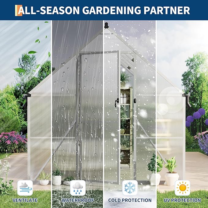 Polycarbonate Greenhouse for Outdoors, Large Walk-InGreenhouse with Quick Setup Structure and Roof Vent, Greenhouse with Ventilation