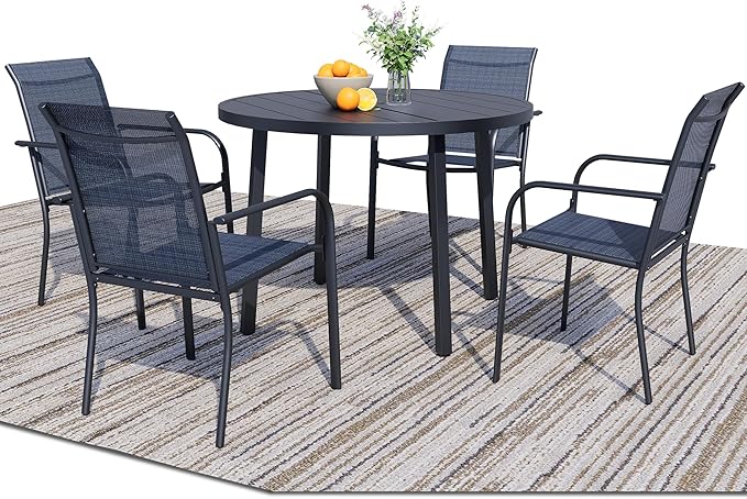 5 Pieces Patio Dining Set for 4, Dark Blue Patio Stackable Chairs and Black Round Table Set of 4, Outdoor Furniture Set with Sling Support for Outside, Garden