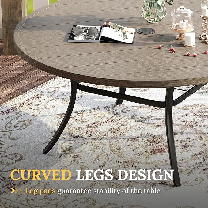 VICLLAX 60" Outdoor Round Patio Table for Lawn Garden, All Weather Metal Round Patio Dining Table with Adjustable Umbrella Hole, Outdoor Table for 8-10 Person, Grey Wood-Like Tabletop