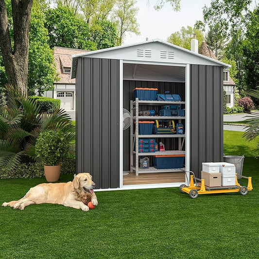 6x4 FT Outdoor Storage Shed with Base,Tool Shed with Sloped Roof and Lockable Door, Weather Resistant Metal Shed for Backyard Garden Patio Lawn,Grey