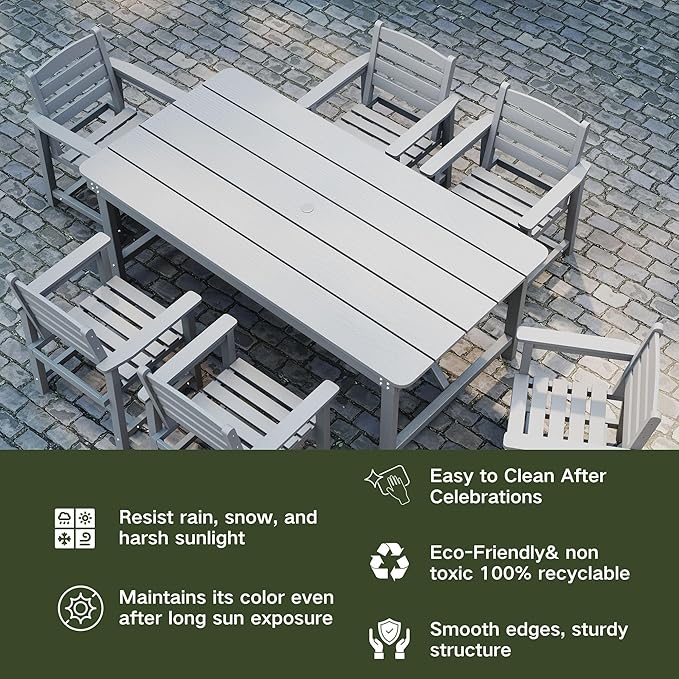 Kingdura 7 Piece Patio Dining Set for 6, HDPE Outdoor Table & Chairs with Umbrella Hole, All-Weather Outdoor Furniture Patio Conversation Set for Lawn Pool Backyard, Grey