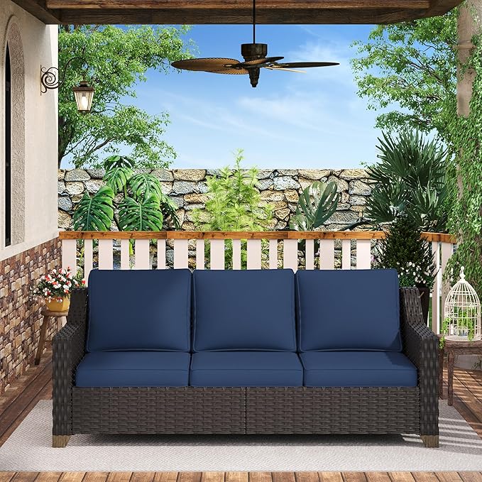 77'' Patio Sofa, All Weather Outdoor Rattan Wicker 3-Seat Sofa High Back Couch with Premium Cushions for Garden Backyard Porch(Brown/Navy)