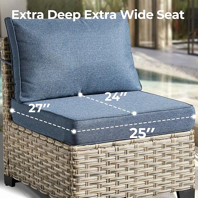 HOOOWOOO Outdoor Sectional Patio Furniture Set,9 Pieces Wicker Conversation Sets L Shaped Couch,Extra Deep Out Door Sofa Outside Furniture with Rocking Chairs,Denim Blue