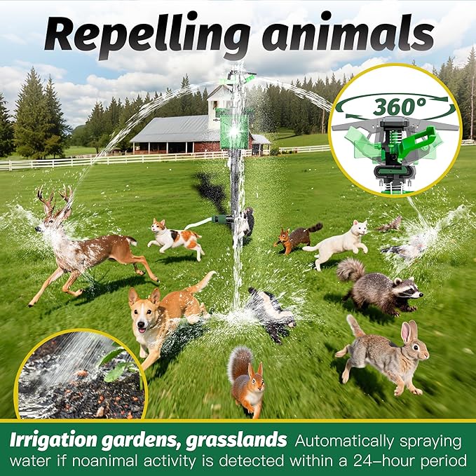 Motion Activated Sprinkler Deer Repellent Devices with Flashing Light, Solar Powerd Cat Repellent Outdoor with Motion Sensor - Keep Rabbits Shunks Dog Raccoons Birds Away from Lawn and Garden