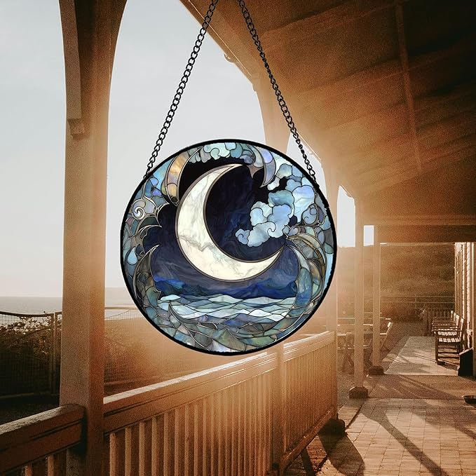 JOSUMALY Stained Glass Window Hanging - Abstract Sea of Clouds Moon Sun Catcher for Door Terrace Garden Home Decor, Gray Blue Suncatcher Birthday Gifts for Lovers Women Men Dad Mom Nana 6.3 in