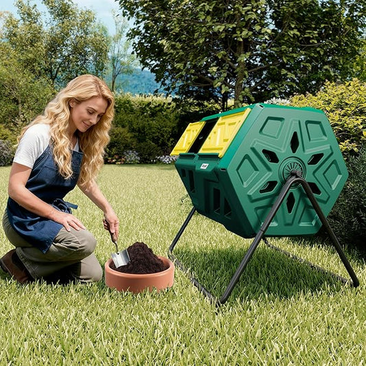 Werph 43 Gallon Compost Bin with Gloves, Fast Assembly & Easy Setup Outdoor Compost Tumbler, Updated Dual Chamber Tumbling Composter for Garden, Kitchen, and Yard Waste, Green