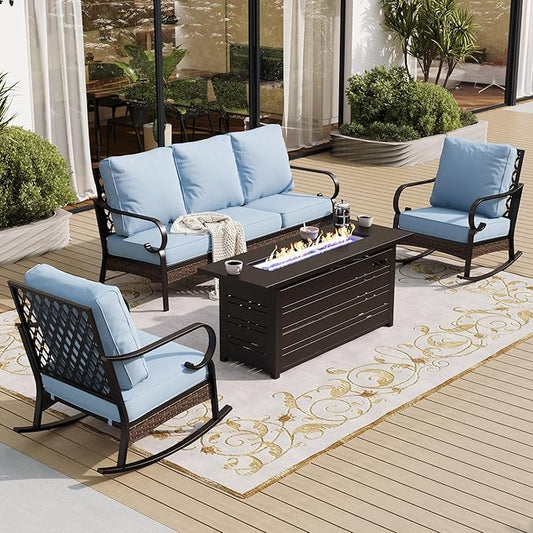 4 Piece Black Metal Outdoor Patio Furniture Sets with Firepit Table, Patio Conversation Sets 1 3-Seater Sofa, 2 Rocking Sofa with 5.75" Thick Cushion Backyard Furniture for Deck, Blue