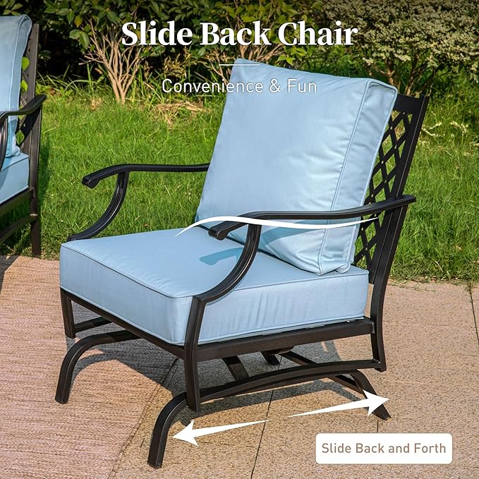 5 Piece Metal Outdoor Patio Furniture Set with Fire Pit Table, Patio Conversation Sets 4 Rocking Chairs with 5.75" Thick Cushion and 5000 BTU Fire Pit Table, Backyard Furniture, Blue