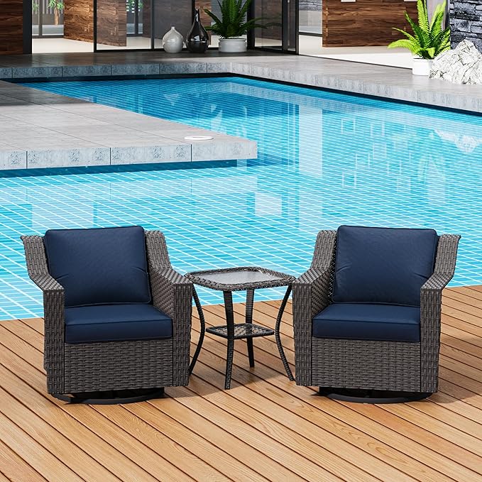 3 Pieces Patio Conversation Furniture Set - 2 Swivel Chairs, 1 Side Table, Outdoor Wicker Rocking Glider Armchairs with Washable and Water-Resistant Cushions for Balcony, (Navy Blue)