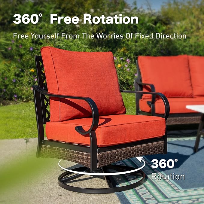4 PCS Metal Outdoor Patio Furniture Set, Patio Conversation Sets 3-Seater Sofa, 2 Swivel Chairs with 5.75" Extra Thick Cushion & Coffee Table, Black Frame Backyard Furniture, Rust Red