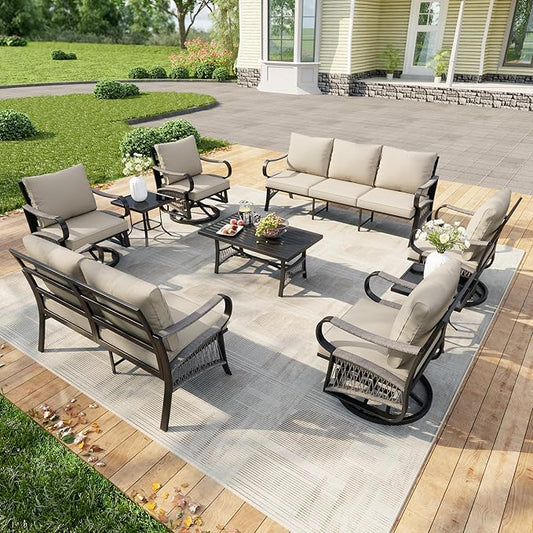 9-Piece Outdoor Patio Conversation Sets, Rope Outdoor Furniture Set Metal 3-Seater Couch, 4 Swivel Rockers with 2 Side Tables, Loveseat Sofa with Coffee Table for Backyard Deck Porch Poolside, Beige