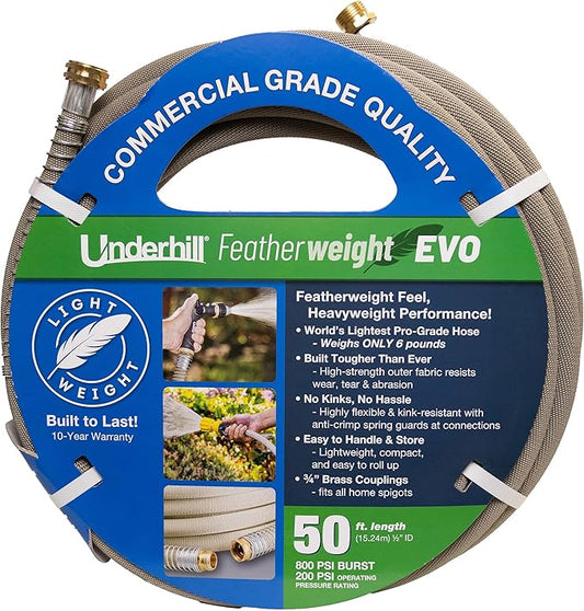 Featherweight EVO Lightweight Fabric Garden Water Hose for Outdoors, Yard, Kink-Resistant, Flexible, Weighs 5 Pounds, 200 PSI Working Pressure, 800 PSI Burst Pressure, 50 ft Long, Tan