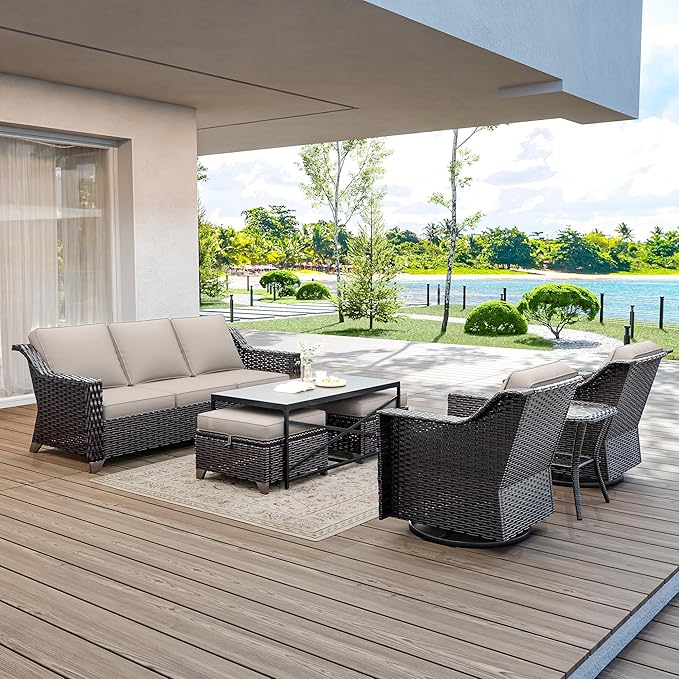 7 Pieces Wicker Patio Furniture, Luxury Outdoor Furniture with 2 Patio Swivel Chair, 3-Seater Sofa, 2 Patio Ottoman, 1 Coffee Table and 1 Side Table, Wide Armrest, Thickened Cushions