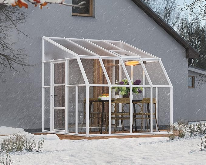 Palram Canopia Rion Sun Room 8 Ft. x 8 Ft. Solarium, Lean-to Greenhouse DIY Kit, Attach to House, Large Twin Wall Polycarbonate, 100% UV Protection for Porch, Patio Outdoors with Window Vent (White)