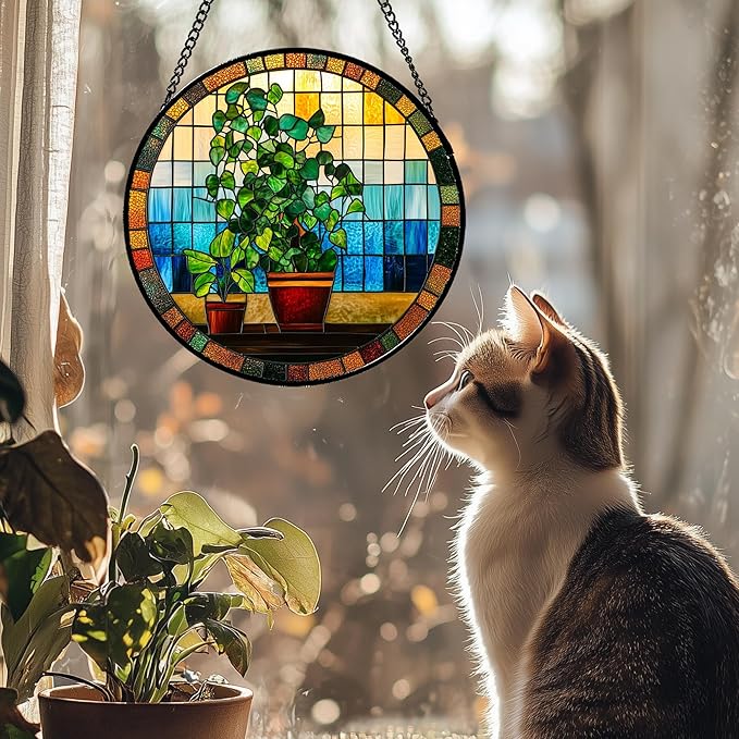 QZQCBLC Stained Glass Window Hanging Green Potted Plants 6.3" - Suncatcher Door Garden Sun Catcher Retro Home Decor Birthday Christmas for Mom Men Woman Nana Friend