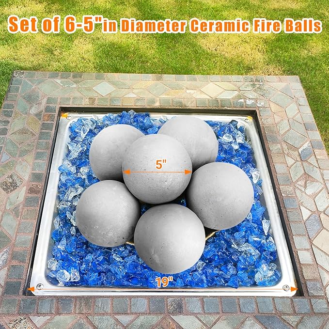 Ceramic Fire Balls, 5 Inch Set of 6 Fire Stones for Indoor & Outdoor Fire Pits or Gas Fireplaces, Reusable Decorative Landscaping and Fireplaces Accessories, Grey