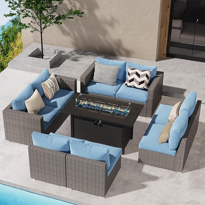 Wisteria Lane Patio Furniture Set for, 9 Pieces Wicker Outdoor Furniture Set with Washable Cushions & Fire Pit Table, Oversized Outdoor Sectional for Garden, Poolside, Backyard, Blue