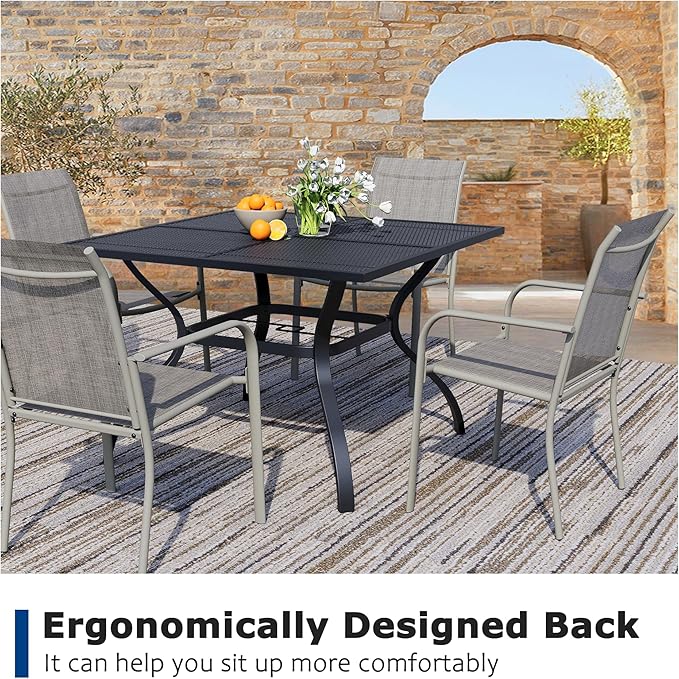 5 Piece Outdoor Dining Set, Patio Table and Chairs Set of 4, 37.5" Black Square Patio Table with 4 Grey Stackable Patio Chairs for Lawn, Garden, Porch