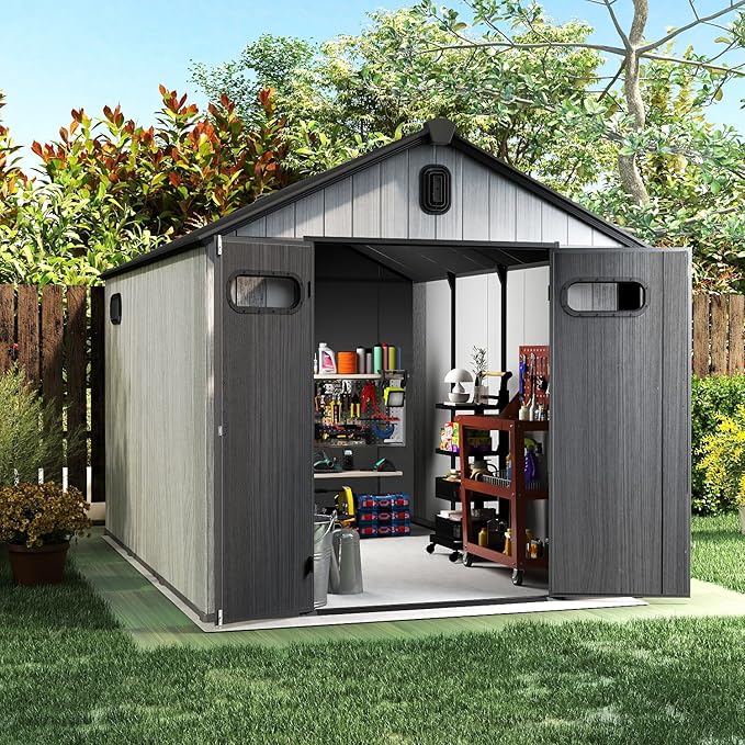 Domi 8x10Ft Resin Outdoor Storage Shed, Plastic Garden Shed with Carpet, Outside Weatherproof Storage Building for Tools, Bike, Lawn Mower, Patio, Backyard