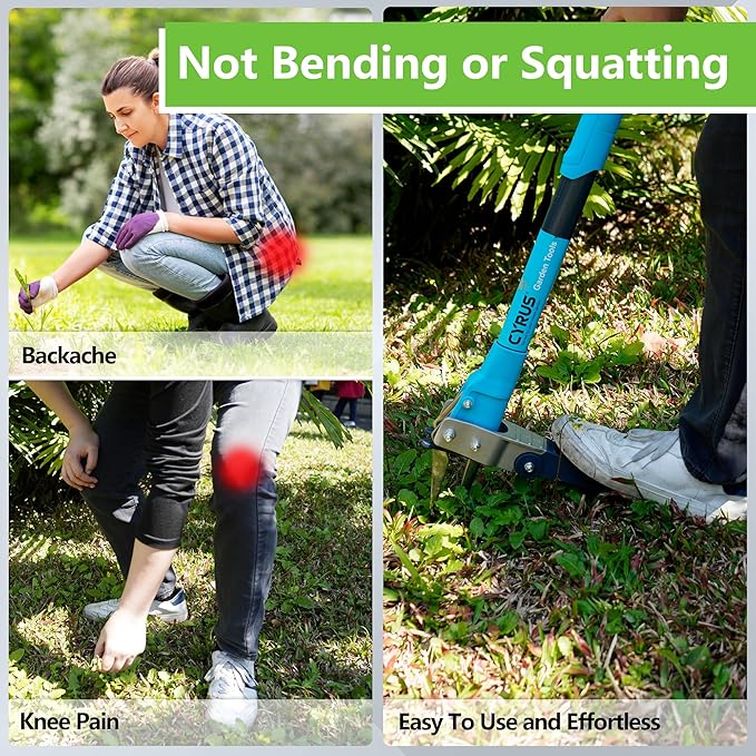 CYRUS Weed Puller Tool - 3-Claw 39‘’ Gardening Hand Tool with Ergonomic Aluminum Handle, High-Resilience Spring & Stainless Steel Teeth for Easy Weed Removal