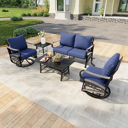 5 Pieces Modern Patio Furniture Set, All Weather Metal Outdoor Conversation Sets with 5.1" Extra Thick Cushion for Backyard Garden Deck Porch Poolside, Blue