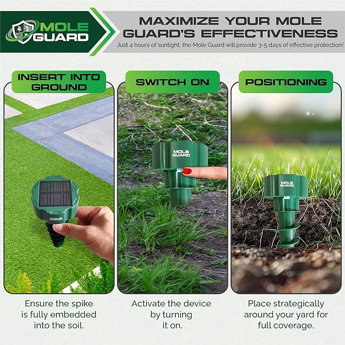 Mole Repellent Solar Powered Ultrasonic, Waterproof Solar Groundhog Repeller Snake & Gopher Deterrent, Spike to Get Rid of Burrowing Rodents, Vole Repellent, Pest Control for Lawn & Garden 4 Pack