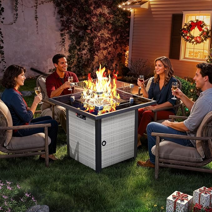 Propane Fire Pit Table, Outdoor Fire Pit Table, 28" Rattan Square Outdoor Gas Fire Pit with Glass Wind Guard, Tempered Glass Tabletop, Lid, CSA Listed, 50,000 BTU for Outside Patio Deck & Garden