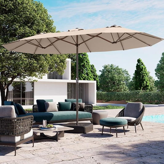PatioKingdom 15FT Large Patio Umbrella with Base, Double Sided Rectangular Outdoor Umbrella with Sturdy Fiberglass Ribs, Market Umbrella for Pool,Garden,Backyard,Deck (Beige, 15FT)