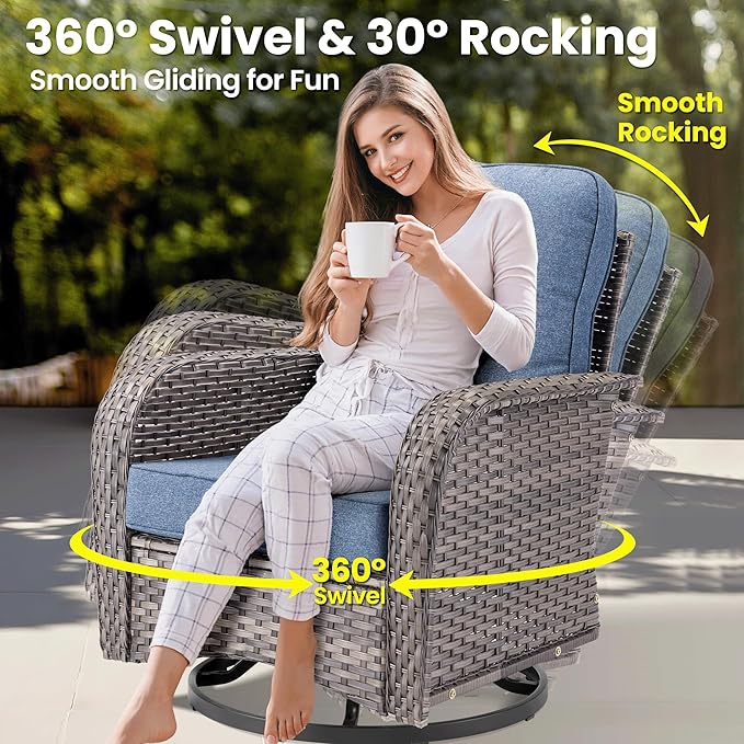 ovios 8 Pieces Patio Furniture Set, Outdoor Wicker Sofa Couch with Rocking Swivel Chairs Solar Lights Table, Modern Deep Seat Rattan Conversation Sets for Porch Deck, Denim Blue