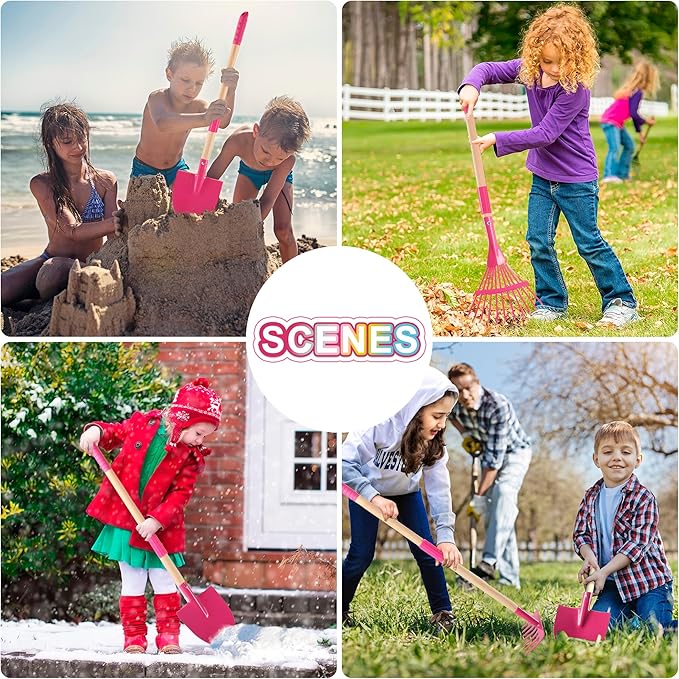 Duckura Kids Gardening Tools Set - 7pcs Wheelbarrow Set for Kids with Shovel, Rake, Leaf Rake, Summer Outdoor Yard Digging Weed Toys, Valentine's Birthday Gifts for Boys Girls Age 2 3+ Years Old(Pink)