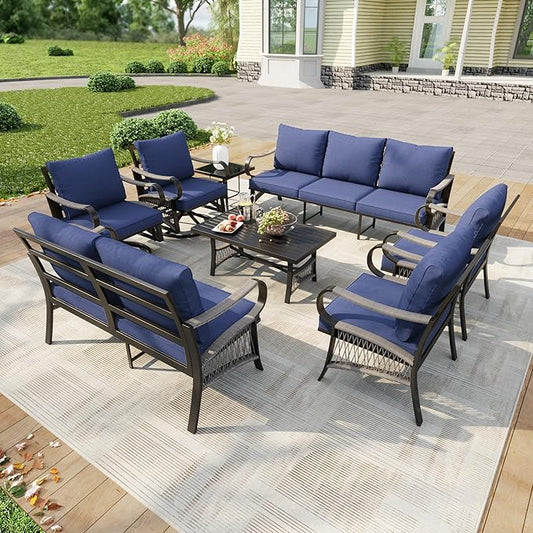 8 Pieces Modern Patio Furniture Set, All Weather Metal Outdoor Conversation Sets with 5.1" Extra Thick Cushion for Backyard Garden Deck Porch Poolside, Blue