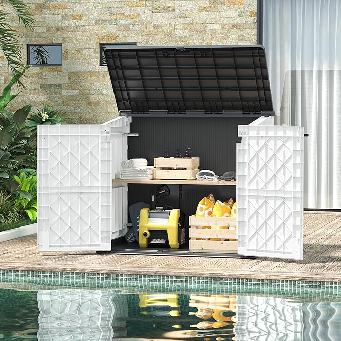 Outdoor Resin Storage Shed 36 Cu. Ft. Garden Horizontal Storage Extra Large Capacity Weather Resistant Storage Box, Lockable Resin Waterproof Shed, Light Grey