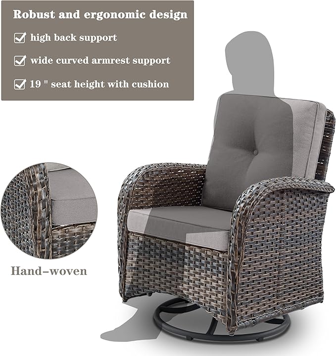Belord Small Conversation Sets Patio Funiture - 5 Piece Outdoor Swivel Rocker Wicker Furniture Sets with Ottomans Side Table Perfect for Patio Deck Backyard, Brown Wicker Grey Cushion