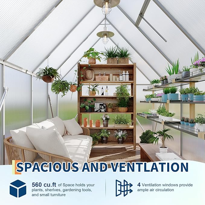 Polycarbonate Greenhouse for Outdoors, Large Walk-InGreenhouse with Quick Setup Structure and Roof Vent, Greenhouse with Ventilation