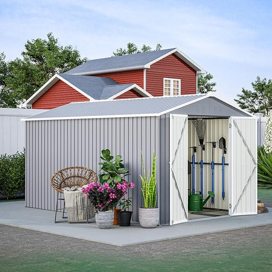 8x12 FT Outdoor Storage Shed W/Floor Frame,Metal Shed W/Double Lockable Doors,Garden Tool House W/ 2 Vents & Sloped Roof,for Backyard Patio Lawn,Gray